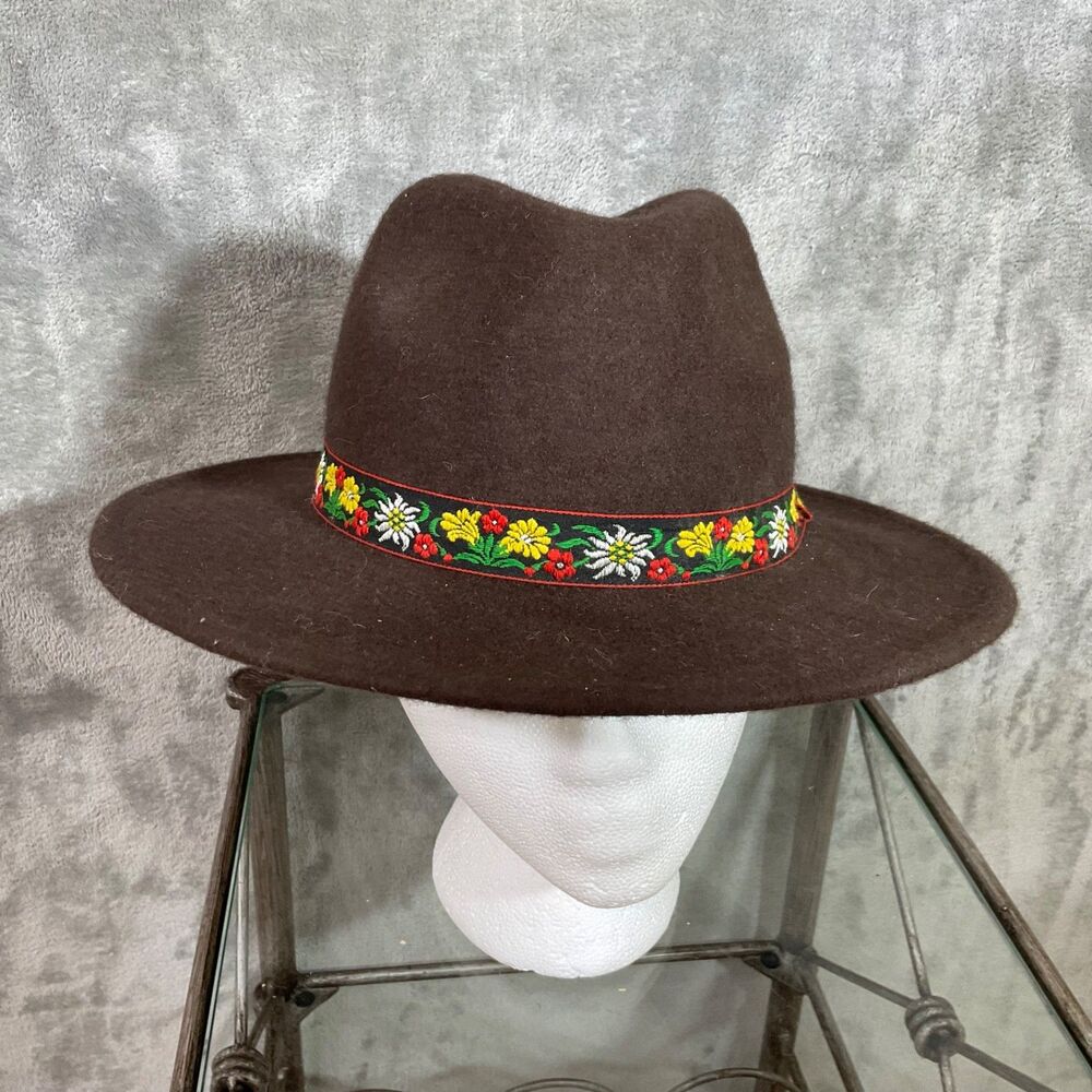 Brown Felt Fedora Wide Brim Hat alpine Bavarian Band Size 22” M circumfrence